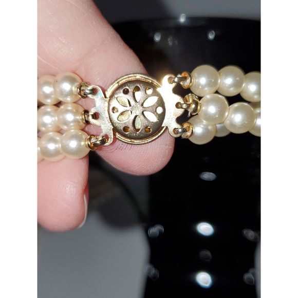 Vintage Faux Pearl Necklace Choker 3 Strand Vintage Rhinestones Costume Jewelry - Picture 6 of 8